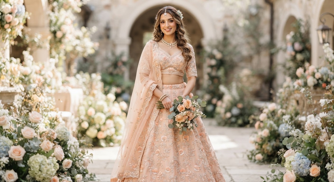 Blush Floral Lehenga — Contemporary peach lehenga with floral thread motifs
