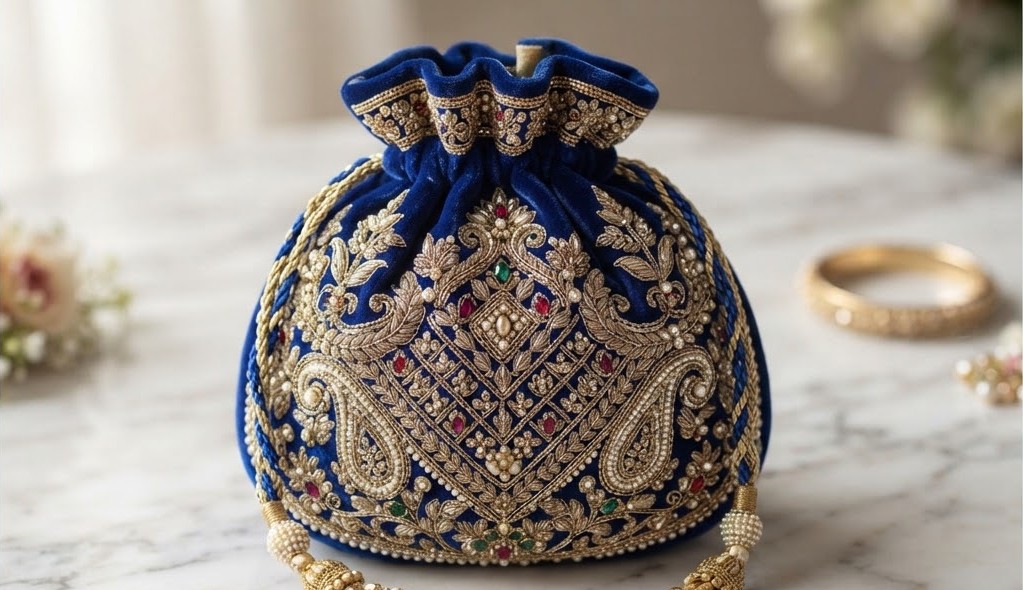 Embellished Pouch — Velvet potli with traditional zardozi beadwork