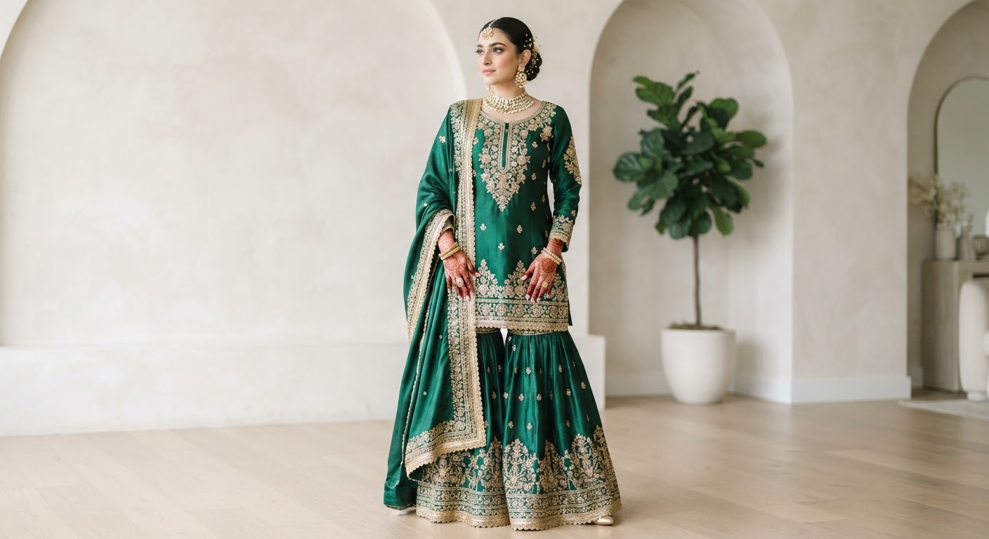 Emerald Silk Set — Emerald silk sharara with delicate gold lace work