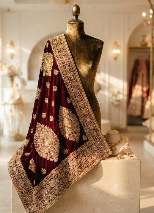 The Heirloom Shawl — Heavy zari shawl on a deep maroon velvet base