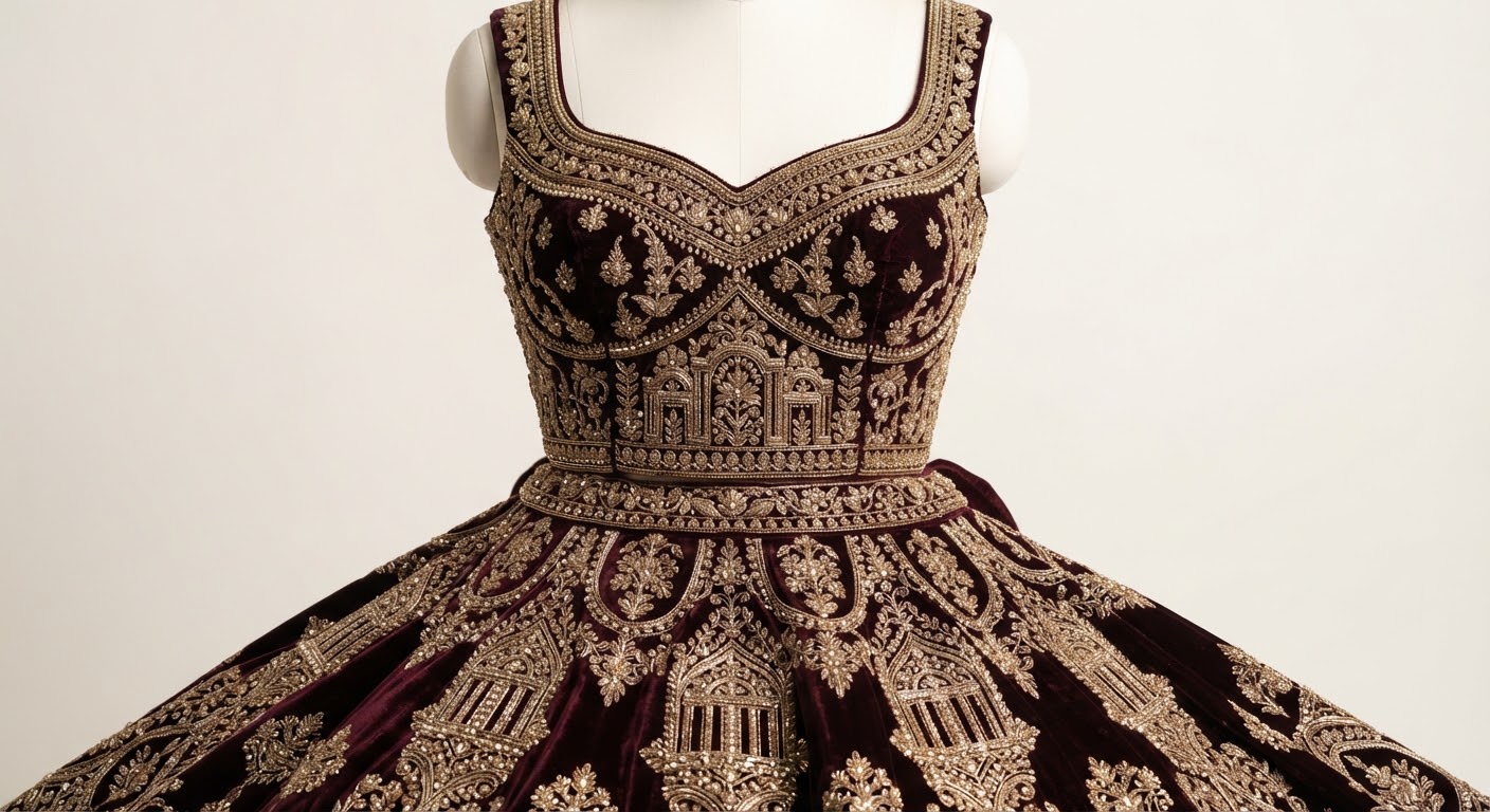 Rani Bridal Lehenga — Deep maroon velvet with gold tilla and zardozi handwork