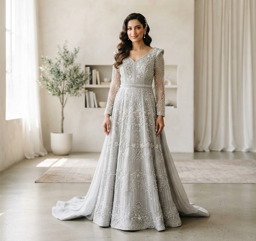 Zohra Walima Gown — Silver-grey silhouette with hand-sewn pearls